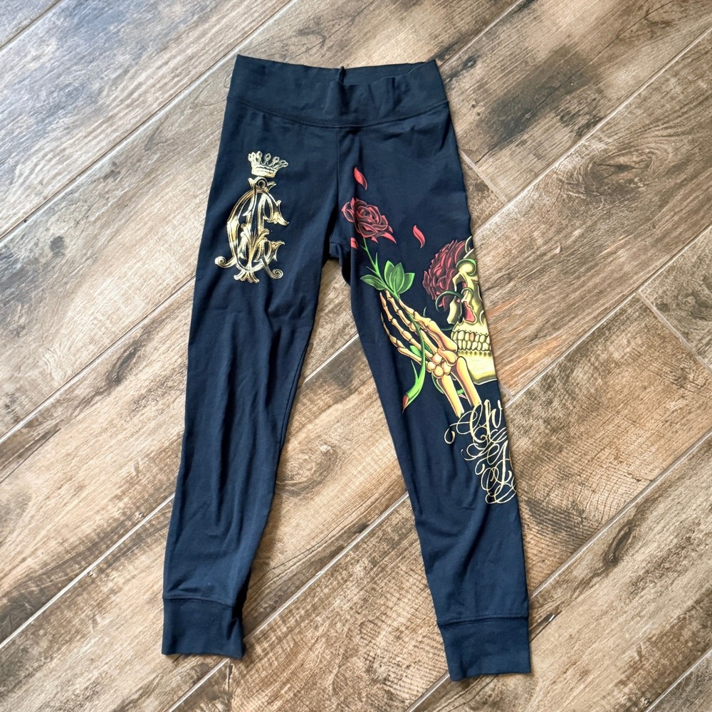 Christian Audigier VTG Y2K Heart Breaker Rose Tattoo Cuffed Leggings, Black, XS